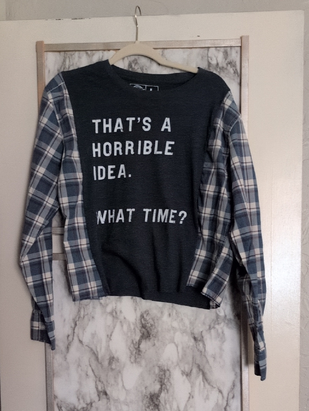 Graphic Pullover  Crop with Plaid Sleeves - Charcoal Gray & Blue
